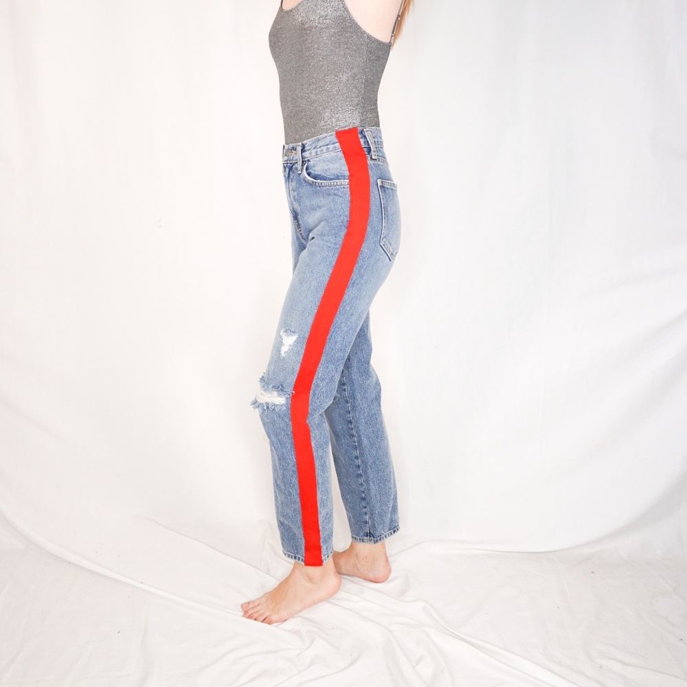 CARMAR Distressed Jeans Denim Red Stripe 25 Blue - Picture 4 of 7